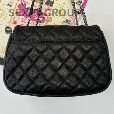 Chanel Black Silver Calfskin Saddle Bag Chain Shoulder Bag Classic Quilted