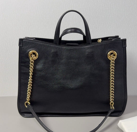Gucci Horsebit1955 MM Tote Top Handle Chain Shoulder Bag Black Gold Used Women