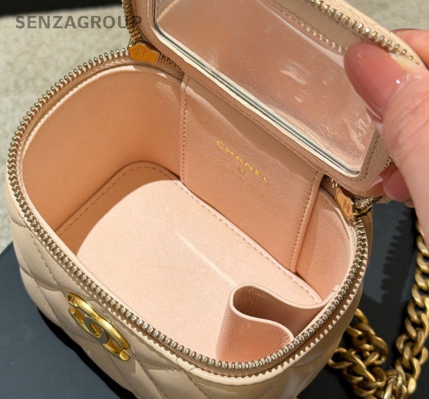 Chanel Diamond Chain Lambskin Box Crossbody Pink Gold Women Classic Fashion