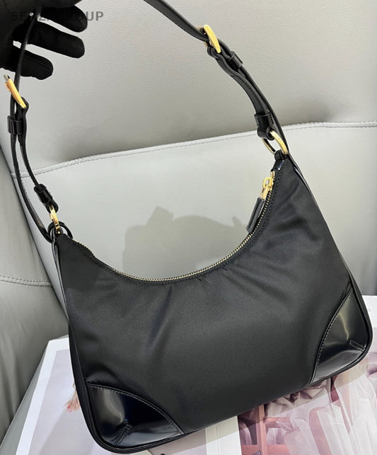 PRADA Classic Nylon logo Shoulder Handbag Black gold Women