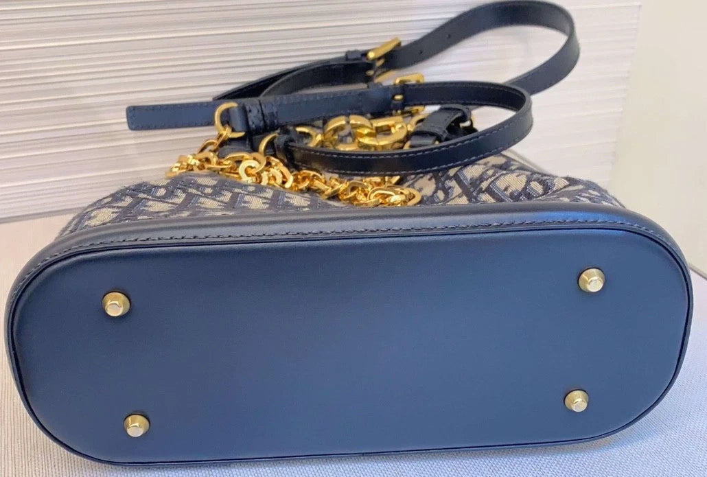 Christian Dior Monogram Blue Gold Drawstring bucket shoulder bag with DUST BAG