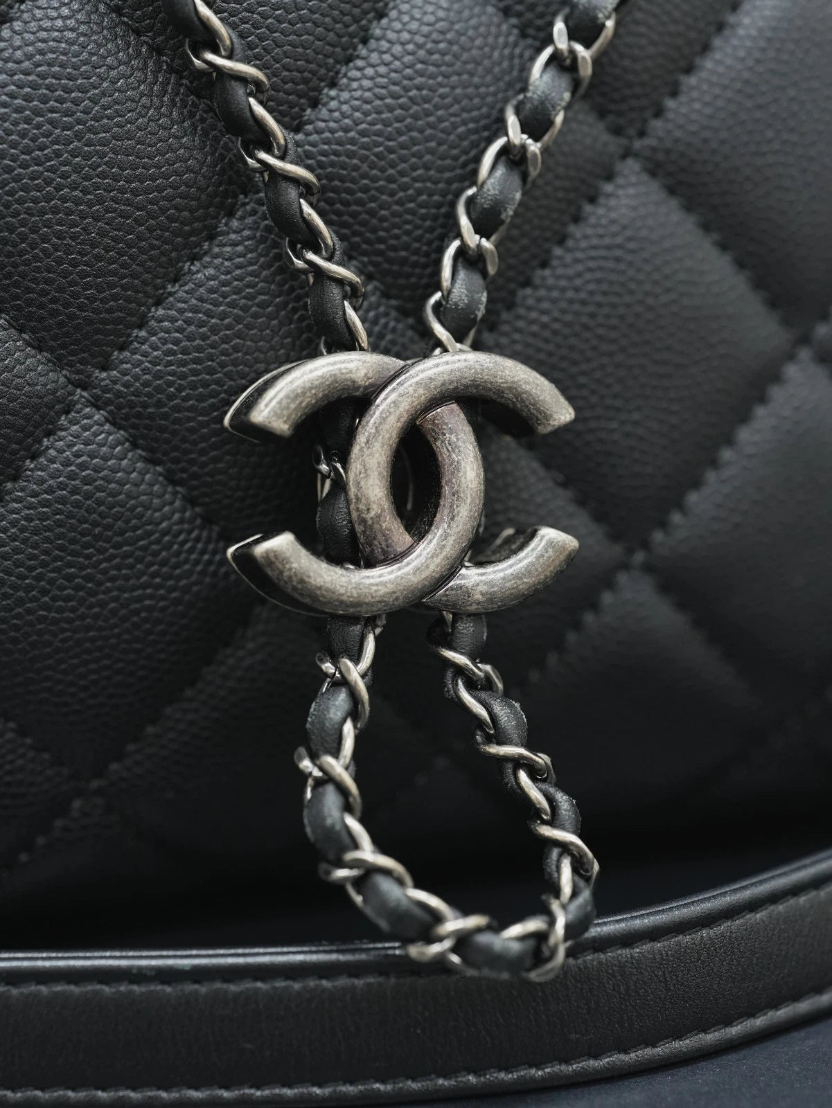 CHANEL CC Top Handle Diamond pattern Chain Shoulder bag Black Silver Women