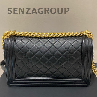 Chanel Le Boy Black Gold Quilted Calfskin Medium Chain Shoulder Bag