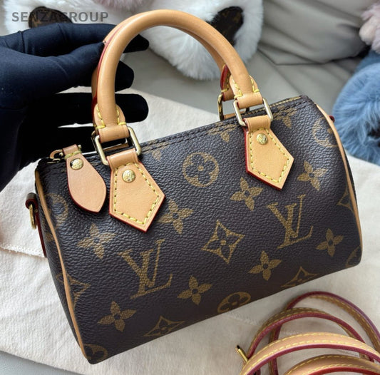Louis Vuitton Nano Speedy Monogram Top Handle Bag Crossbody Brown Gold Women
