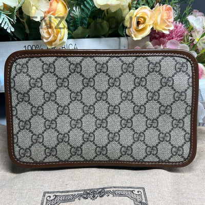 Gucci GG Supreme Brown Zip Wristlet Clutch with Gold Hardware