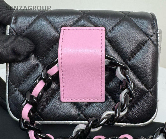 Chanel 23P Lambskin Chain Shoulder Bag Crossbody Pink Black Used Women Classic