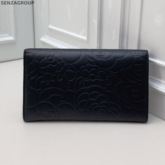 Chanel Camellia Print Black Silver Wallet Clutch Women's Classic