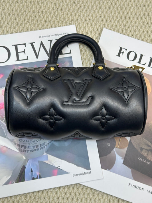 Louis Vuitton Papillon BB All Leather Top Handle Chain Shoulder Handbag Black