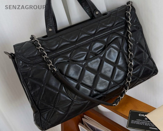 Chanel Calfskin Satchel Top Handle Bag Chain Crossbody Black Unisex Adults