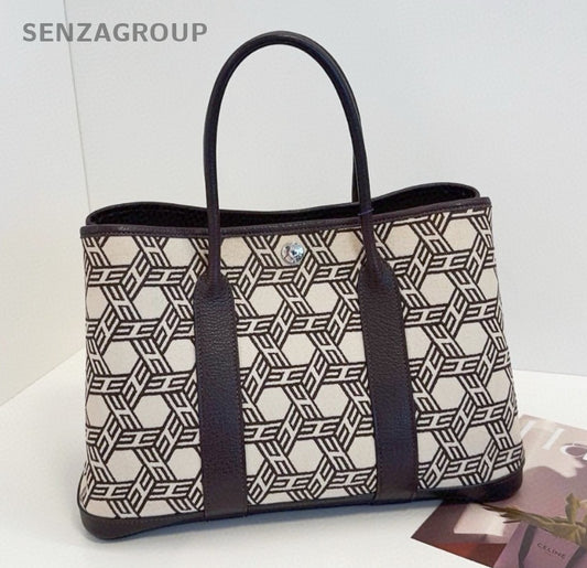 Hermes Garden Party Canvas Top Handle Bag Black White Silver Women Classic