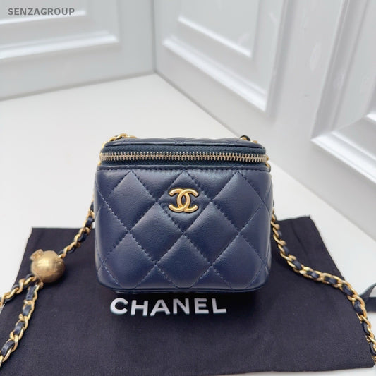 CHANEL Vanity Box mini Diamond Pattern Chain Shoulder bag Navy Blue Gold Women