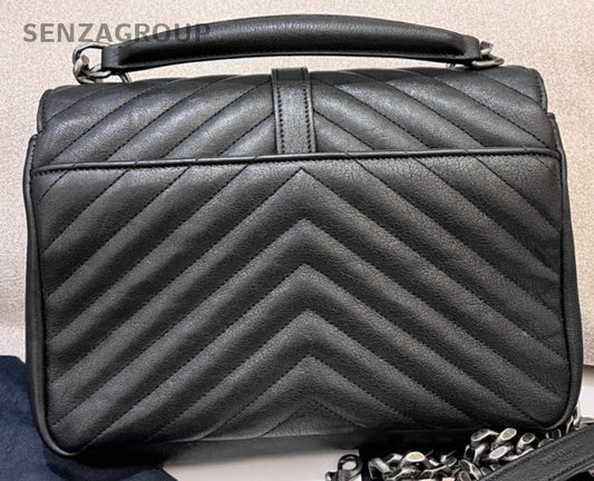 Saint Laurent College Calfskin Chain Shoulder Bag Black Silver Women Classic