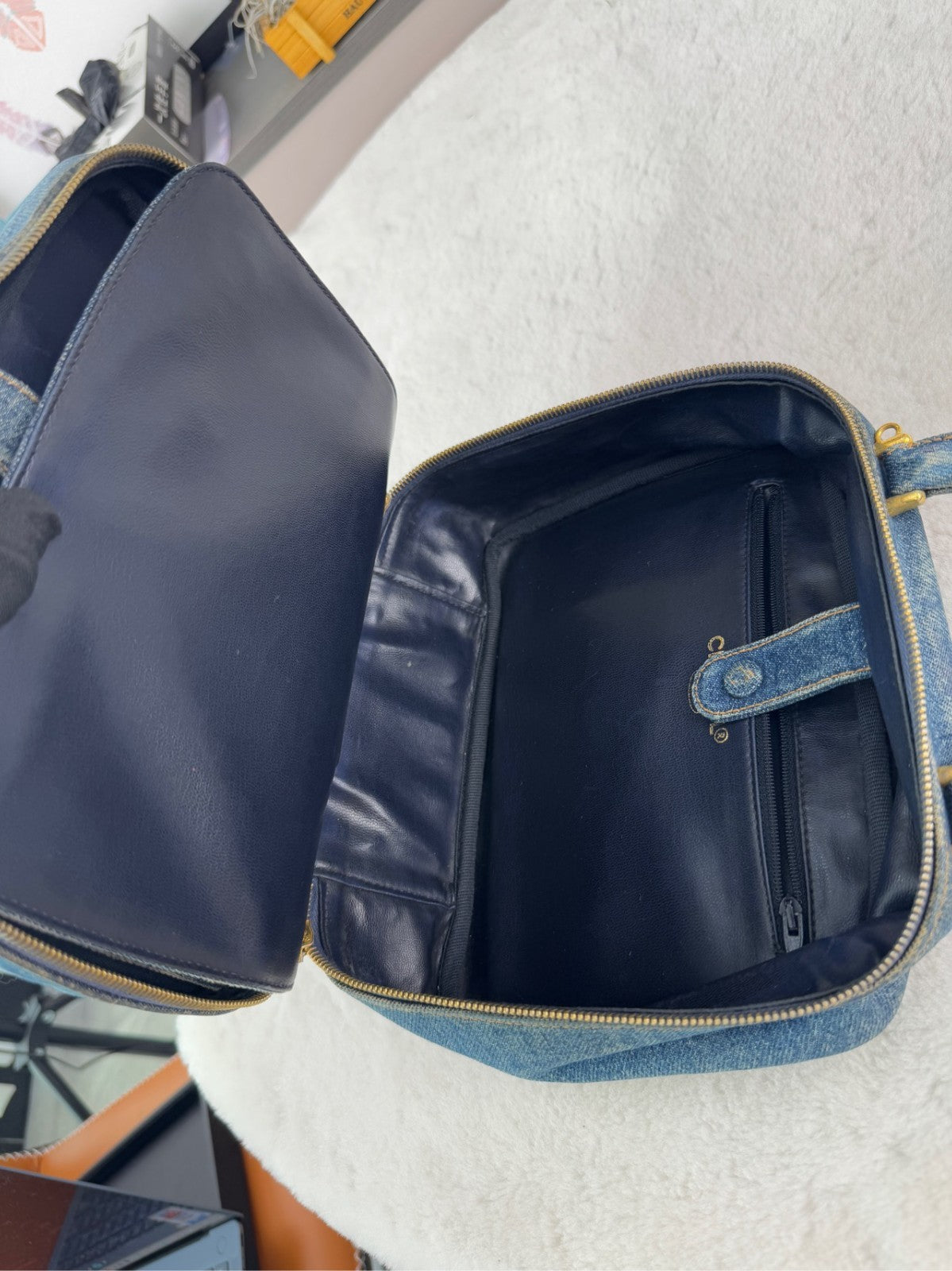 CHANEL Top Handle Make up case Denim Handbag Blue