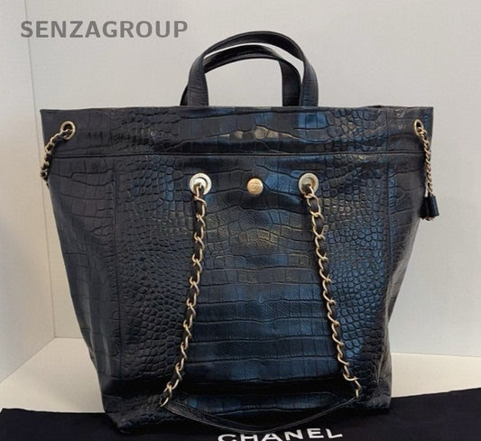 Chanel Calfskin Tote Top Handle Bag Chain Shoulder Bag Black Gold Women Classic