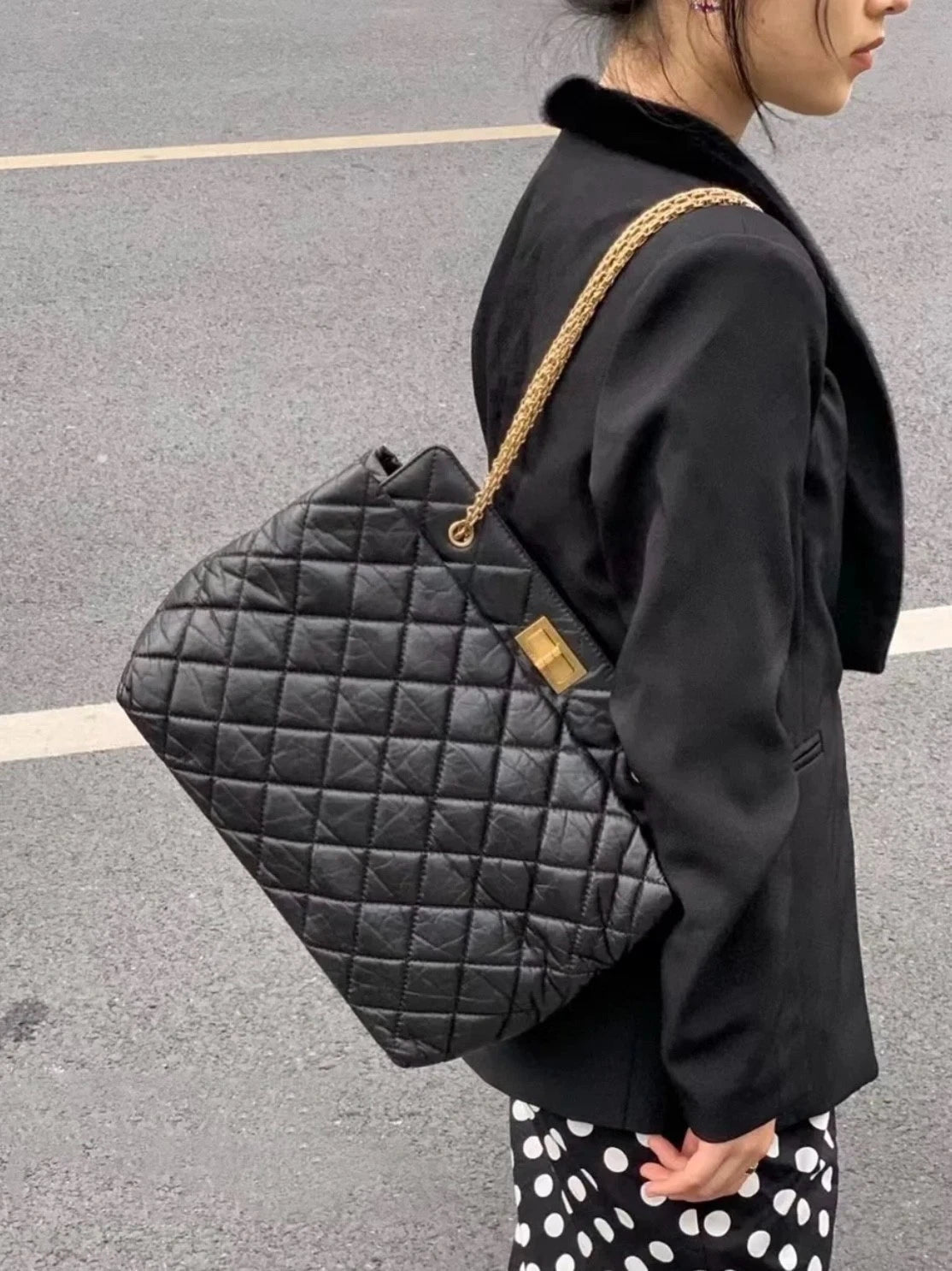 CHANEL 2.55 Black Gold Oil wax leather Shoulder Handbag Classic Small