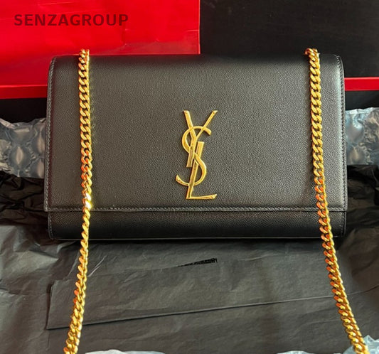 YSL Saint Laurent Kate Chain Shoulder bag Crossbody Black Gold Women Brand NEW