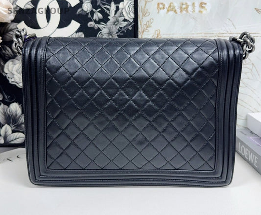Chanel Leboy GM Chain Shoulder Bag Black Silver Women Classic Diamond