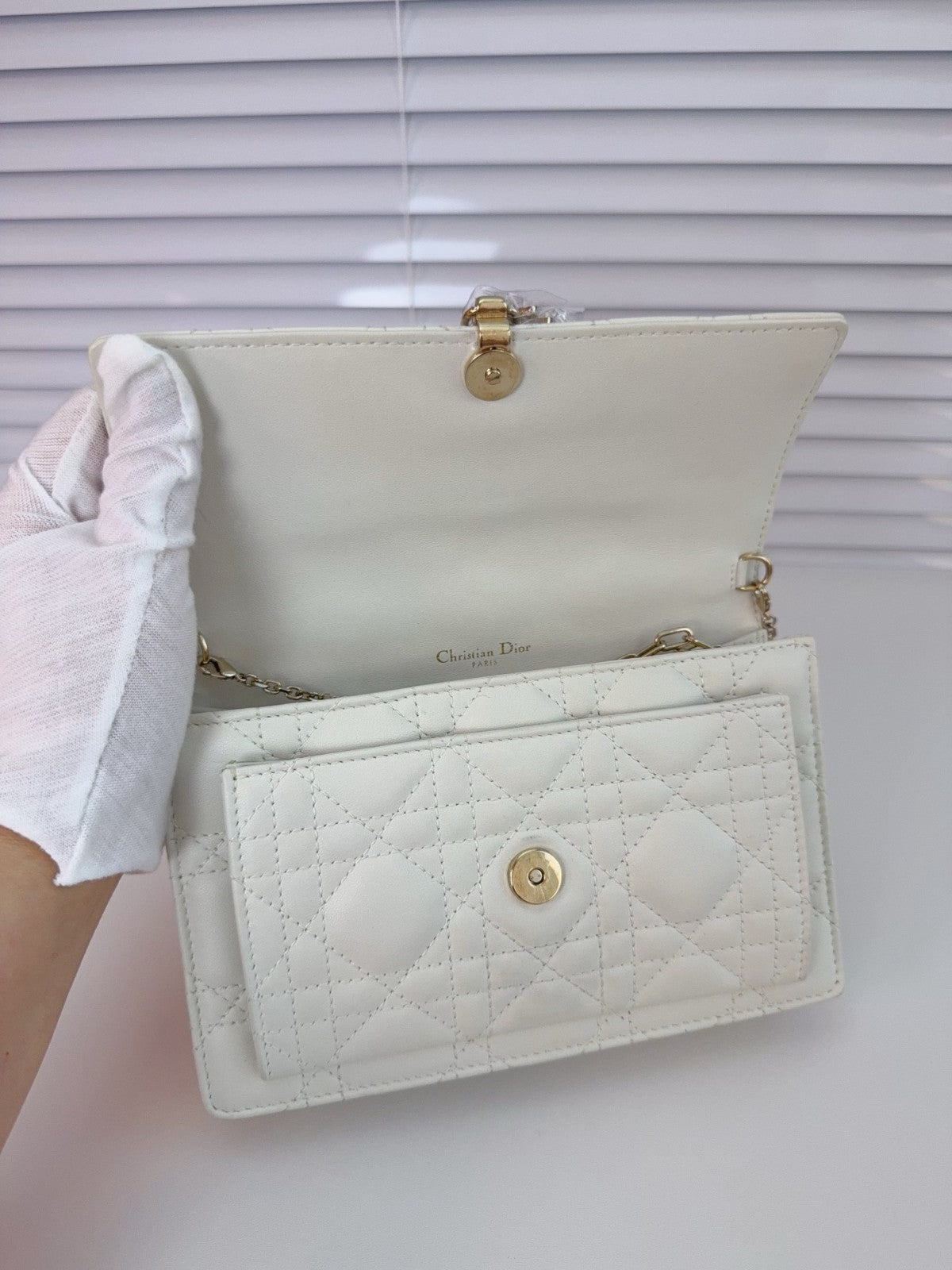Christian Dior Woc Lambskin Wicker check pattern Chain Shoulder bag White Gold