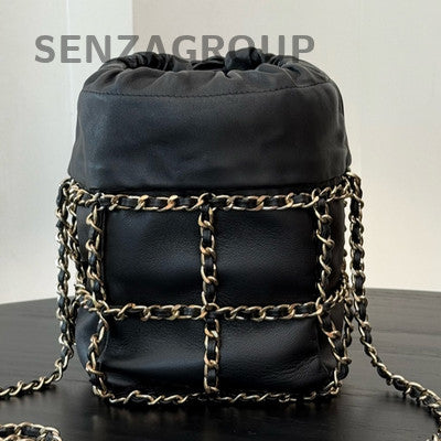 Chanel Black Silver Lambskin Drawstring Bucket Bag Chain Crossbody Women