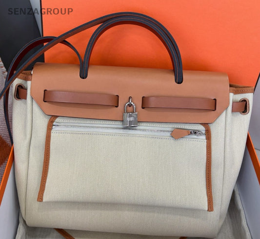 Hermes Herbag PM Canvas Top Handle Bag Crossbody White Silver Women Classic