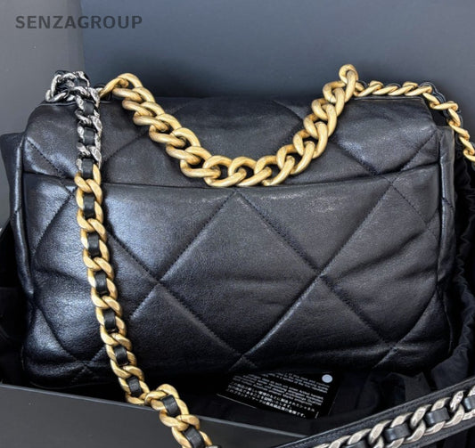 Chanel 19Bag MM Chain Shoulder Bag Crossbody Black Gold Women Classic Fashion