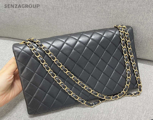 CHANEL Calfskin Diamond Pattern Chain Shoulder bag Black Gold Women