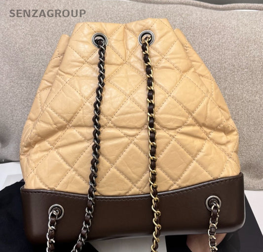 Chanel Diamond Gabrielle PM Chain Backpack Beige Brown Gold Women Classic