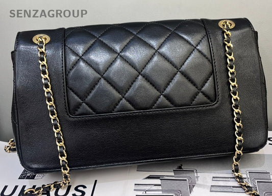 Chanel Classic Flap Calfskin Chain Shoulder Black Gold Diamond Women Designer