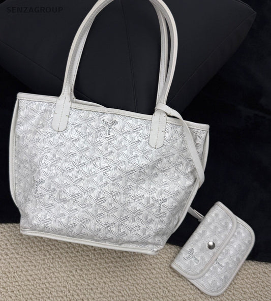 Goyard ANJOU Mini Tote Canvas Monogram Top Handle Shoulder Bag With Pouch White.