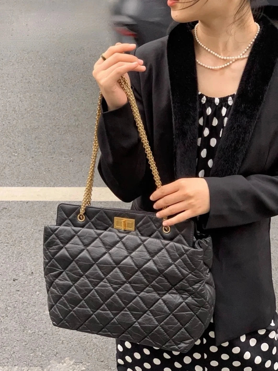 CHANEL 2.55 Black Gold Oil wax leather Shoulder Handbag Classic Small