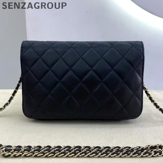 Chanel Black Lambskin Gold CC Logo WOC Chain Shoulder Crossbody Bag