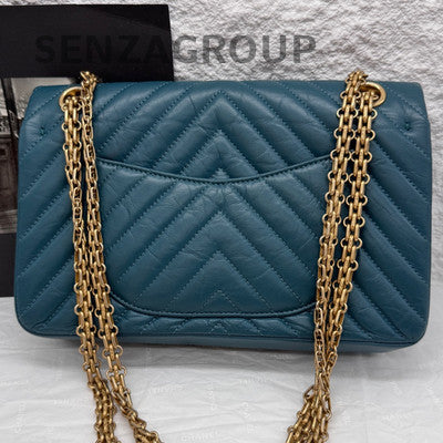 Chanel 2.55 Blue Gold Chevron Vintage Calfskin Chain Shoulder Crossbody Bag