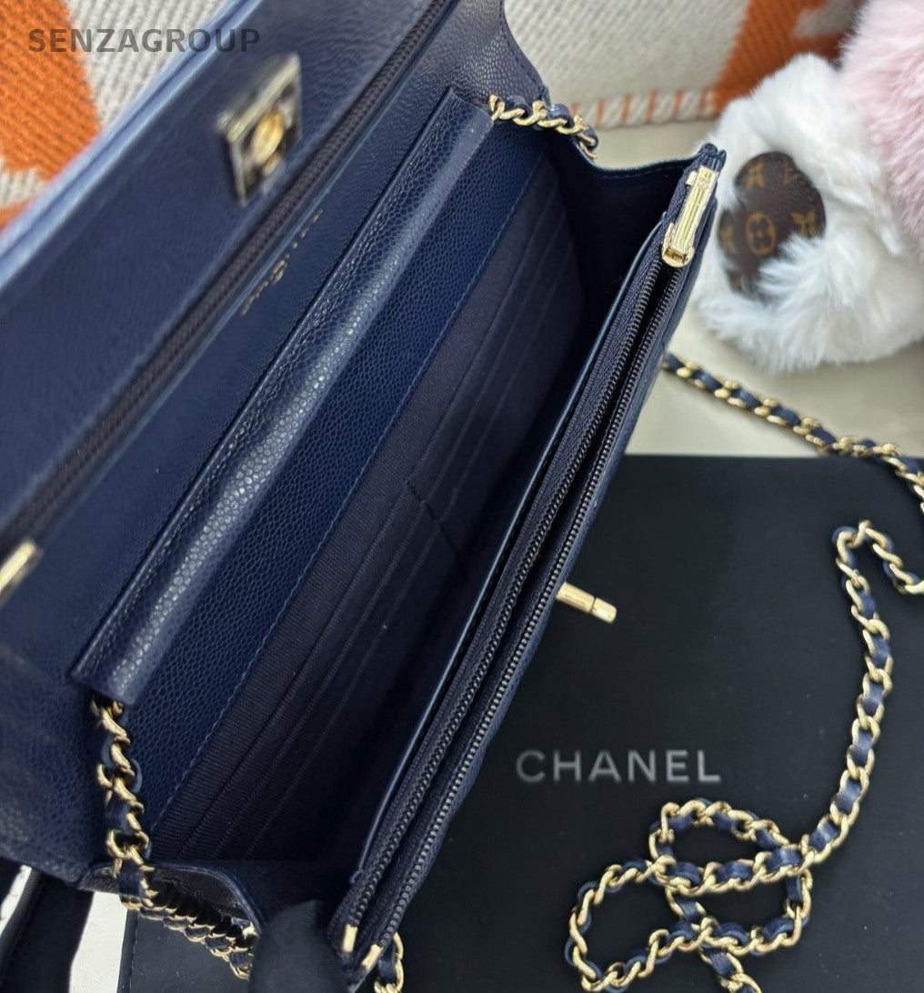 Chanel WOC Calfskin Chain Shoulder Bag Crossbody Blue Gold Women Classic Fashion