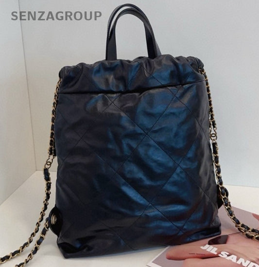 Chanel 22Bag PM Diamond Chain Backpack Black Gold Women Classic