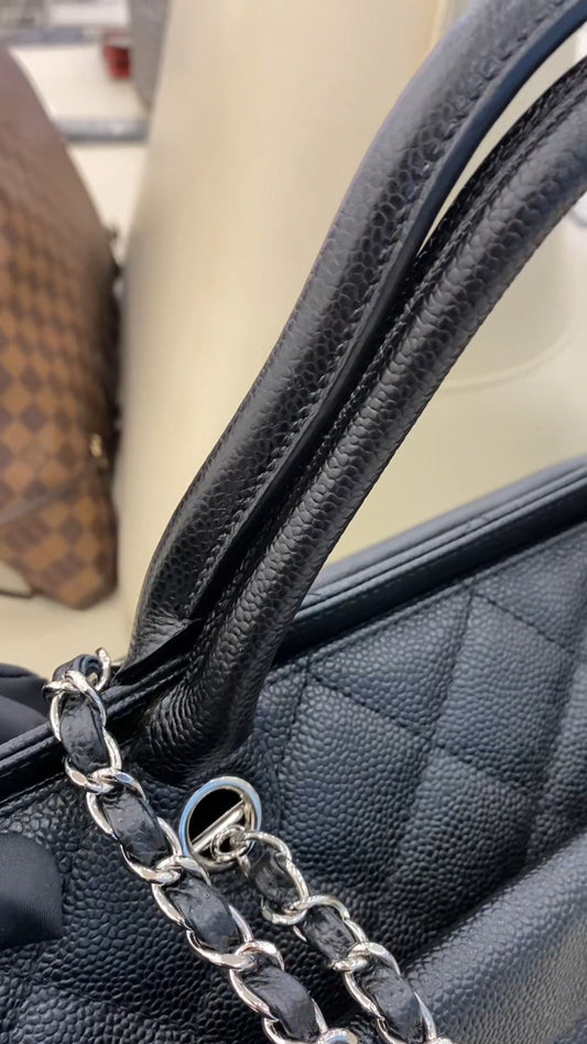 Chanel Calfskin GM Tote Shoulder Bag Black Silver Used Women Classic