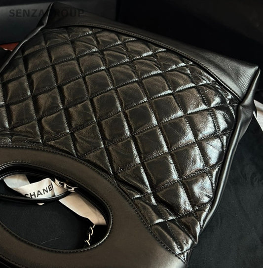 Chanel 31 PM Lambskin Diamond Top Handle Bag Chain Crossbody Black Silver Women