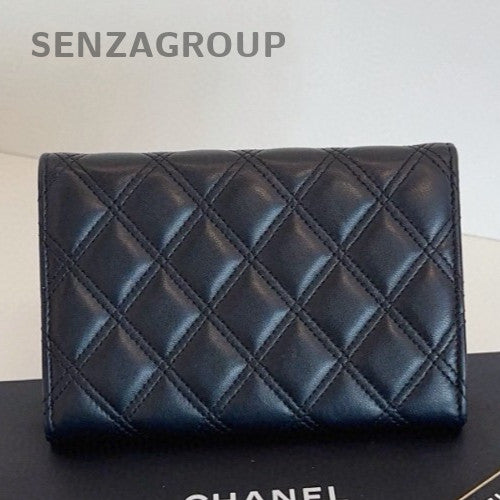 Chanel Diamond Wallet Black Silver Used Women Classic