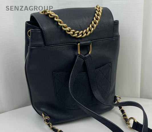 Chanel Diamond Chain Backpack Black Gold Used Women Classic