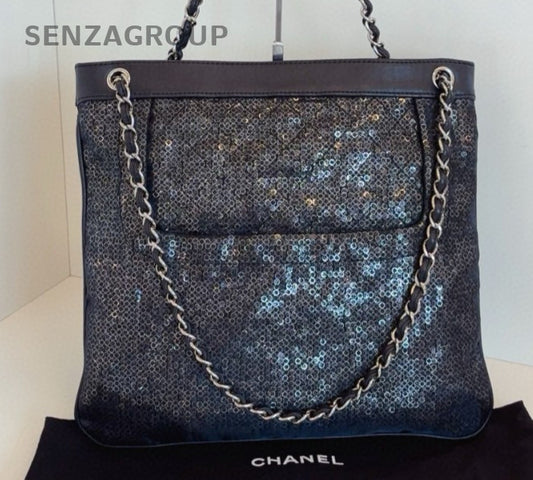 Chanel Calfskin Chain Tote Shoulder Bag Crossbody Black Silver Women Classic