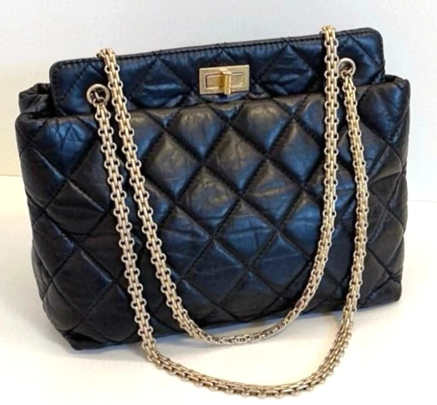 CHANEL 2.55 Black Gold Oil wax leather Shoulder Handbag Classic Small