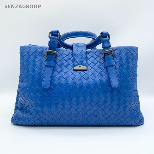 Bottega Veneta Roma PM Calfskin Blue Silver Top Handle Bag Crossbody Women