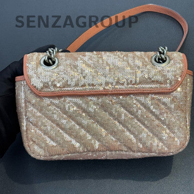 Gucci Marmont 22 Orange Sequin Chain Shoulder Bag Silver Hardware