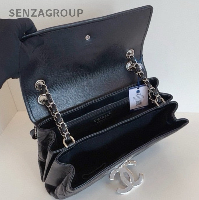 Chanel Diamond Chain Calfskin Black Silver Shoulder Bag Women Classic