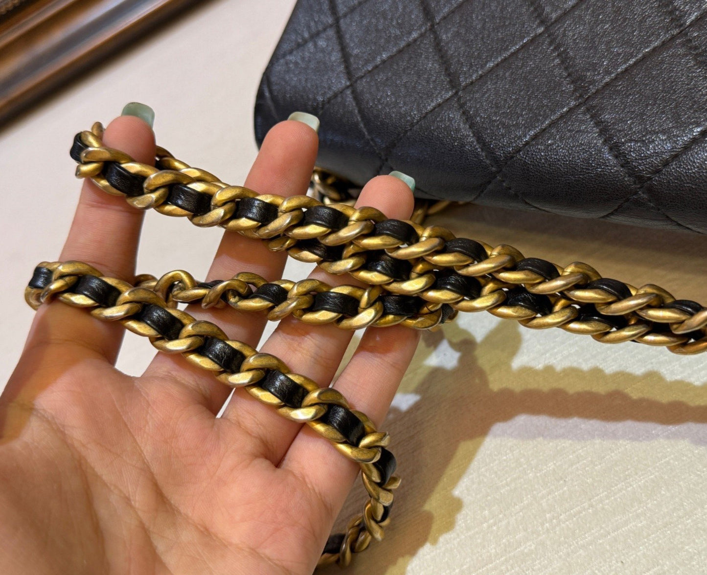 Chanel Diamond Chain Black Gold Shoulder Bag Crossbody Used Women Classic