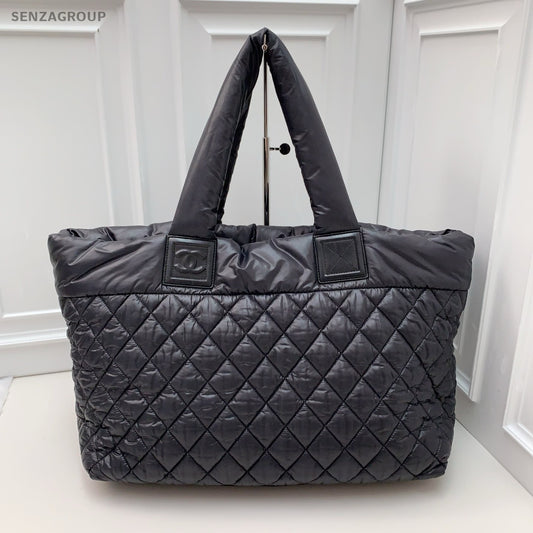 CHANEL Tote Puffer Nylon Diamond Pattern Black Silver Women Handbag