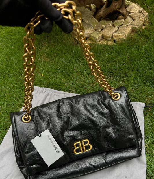 Balenciaga Monaco BB Logo Chain Arena Calfskin Shoulder bag Black Gold Brand NEW
