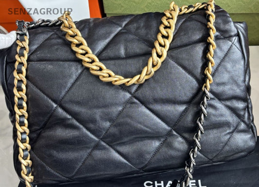Chanel 19 Maxi Chain Shoulder Bag Crossbody Black Gold Women Classic