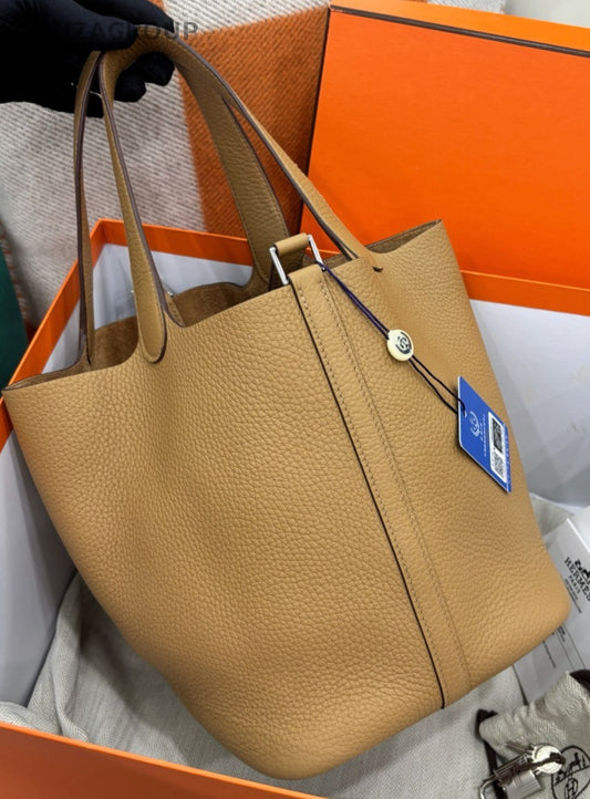 Hermes Picotin22 Top Handle Bag Brown Silver Used Women Classic Fashion