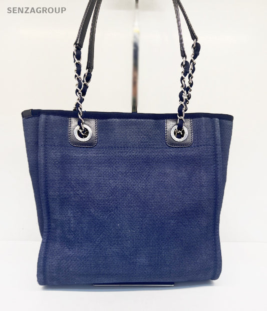 CHANEL Tote Denim Chain Shoulder Handbag Canvas Blue Women
