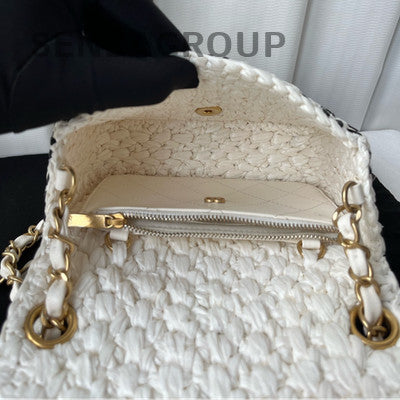 Chanel CF Black White Raffia Chain Shoulder Crossbody Bag Women